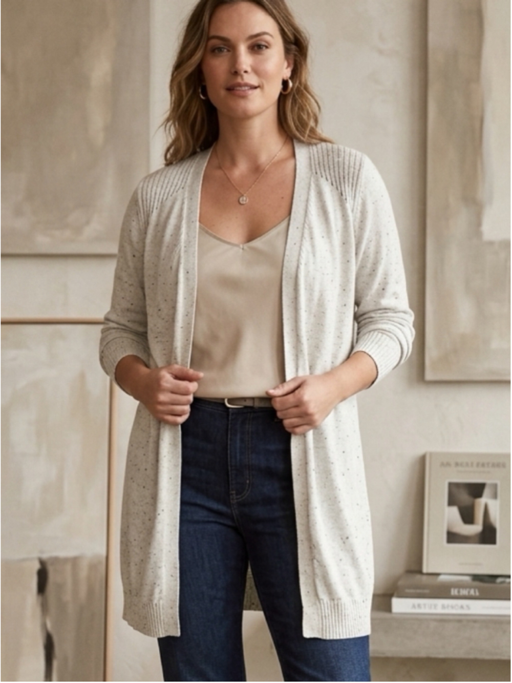 Lily Morgan Cream Flecked Knit Longline Cardigan Open Front Duster Cozy M 2116